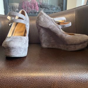 Soda Gray Suede Double Strap Wedges
